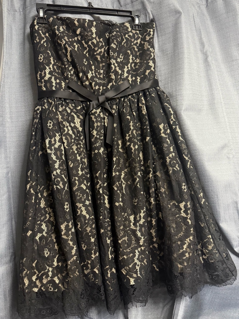 Neiman Marcus Black Lace Strapless Cocktail Dress with Cream Underlay